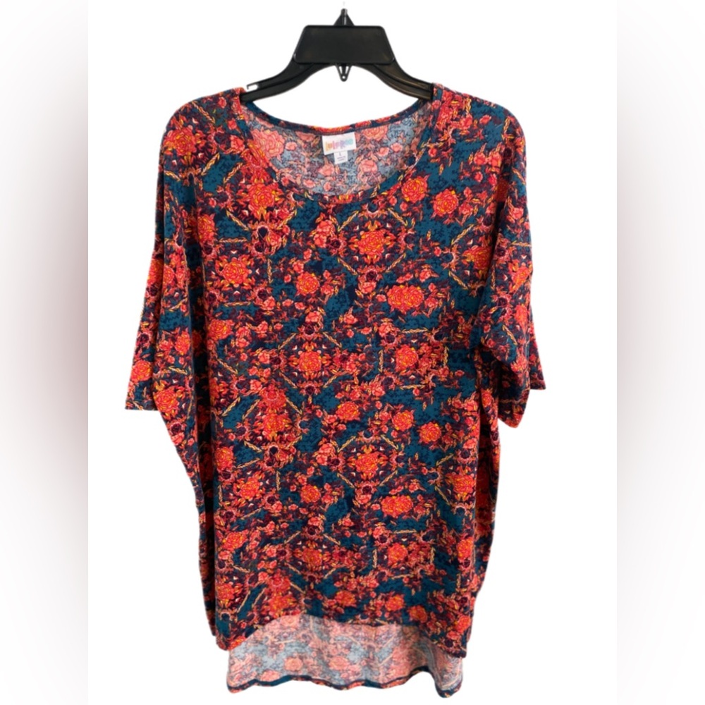 LuLaRoe Scoop Neck Tunic Top in Teal with Red Floral Print